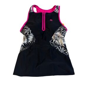 Swim Top ZeroXposur Women Tankini Black Pink Tropical Zip Front Racerback M NEW